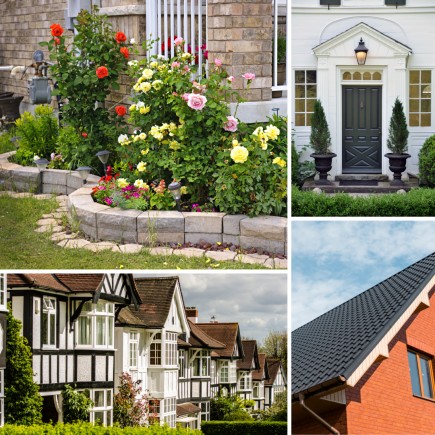 A collage of images showing rose bushes with flowers, front porch with a black door, a selection of terraced houses in the UK and a roof of a house.